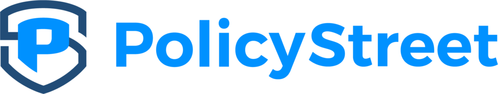 PolicyStreet logo featuring a blue shield-like emblem with a large blue 'P' and the wordmark PolicyStreet in blue